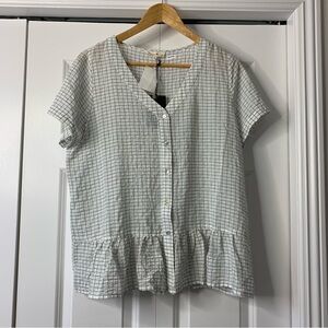 Jane and Delancey White Black Grid Button Down Short Sleeve Top Size L. NWT